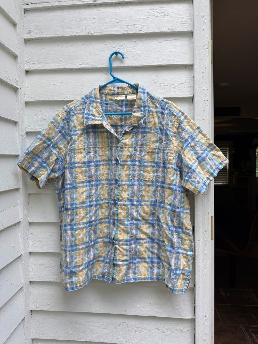 Bobbie Brooks Cotton Short-Sleeve Plaid Button-Down Blue and Yellow